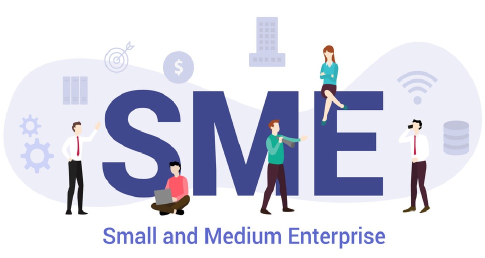 sme small and medium enterprise concept with big word or text and team people with modern flat style - vector illustration
